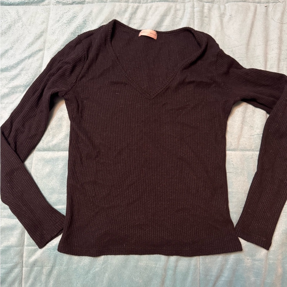 Black V-Neck Ribbed Women's Blouse